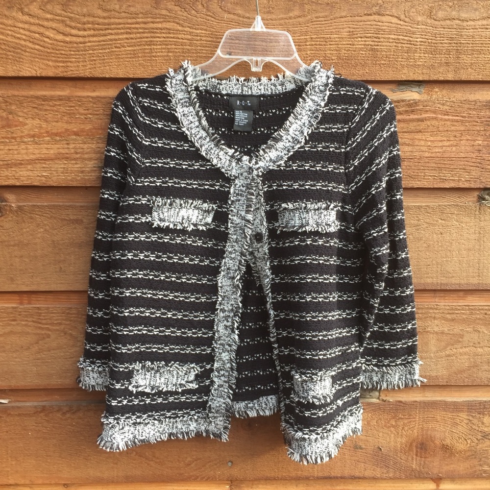 RQT Eyelash Fringe Cardigan S Sweater Snap Front Black White